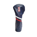 Country Club Two Stripe Leather Headcovers - Driver - Navy with White/Red Stripe White Embroidery with Red Outline