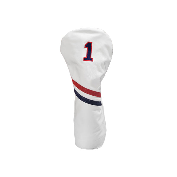 Country Club Two Stripe Leather Headcovers - Driver - White with Red/Navy Stripe Navy Embroidery with Red Outline