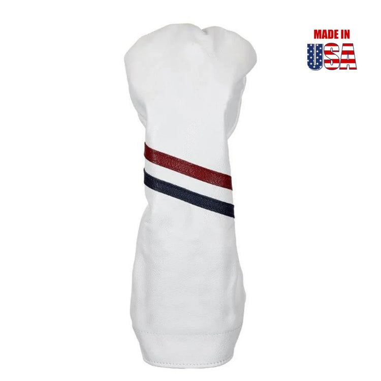 Winston Collection white leather golf headcover with red and navy stripes, Made in USA