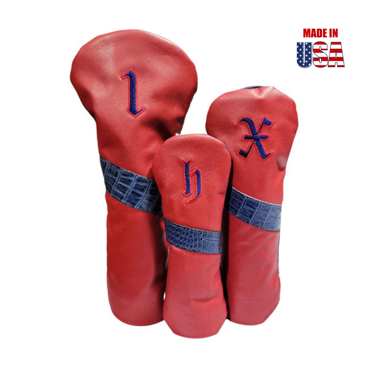 Iris Blue Alligator Stripe & Outline Vintage Embroidery / Red American Leather Headcover Set