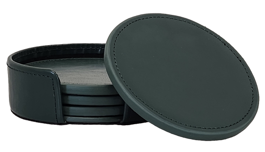 Round Coaster Set-5PC, Bonded Forest Green Leather