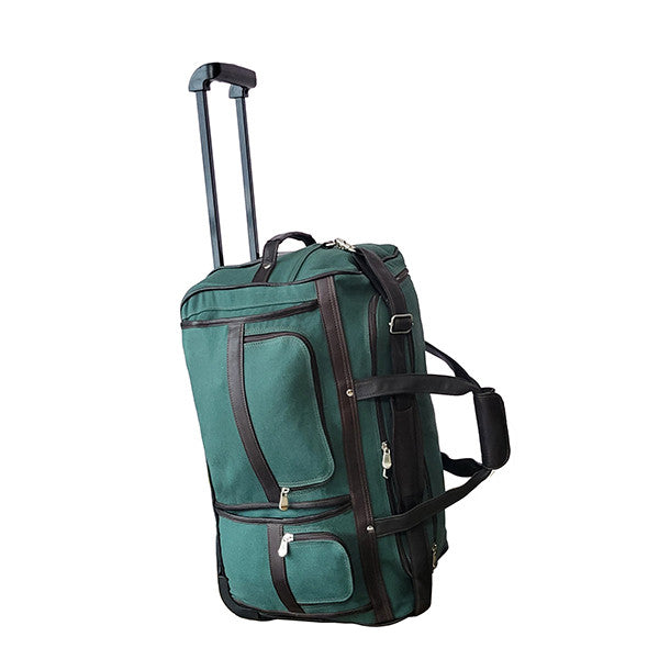 20" Wheeled Duffel Bag Green Canvas with Cafe Colombian Leather Trim