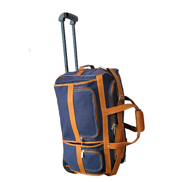 20" Wheeled Duffel Bag Navy Canvas with Tan Colombian Leather Trim