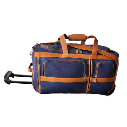 20" Wheeled Duffel Bag Navy Canvas with Tan Colombian Leather Trim