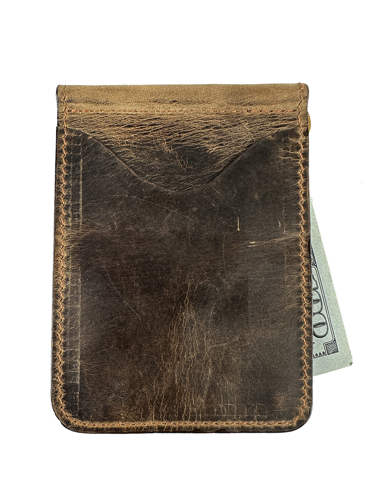 Winston Collection rustic brown leather money clip wallet with cash visible