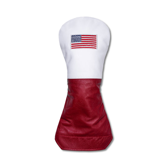 USA Flag French Seam Tradition Leather Headcovers - Driver - White Top-Red Bottom-Navy Back