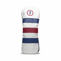 Signature Stripe Number One Leather Driver Headcovers - White Front - Ocean Blue, Red Stripes - Ocean Blue Back