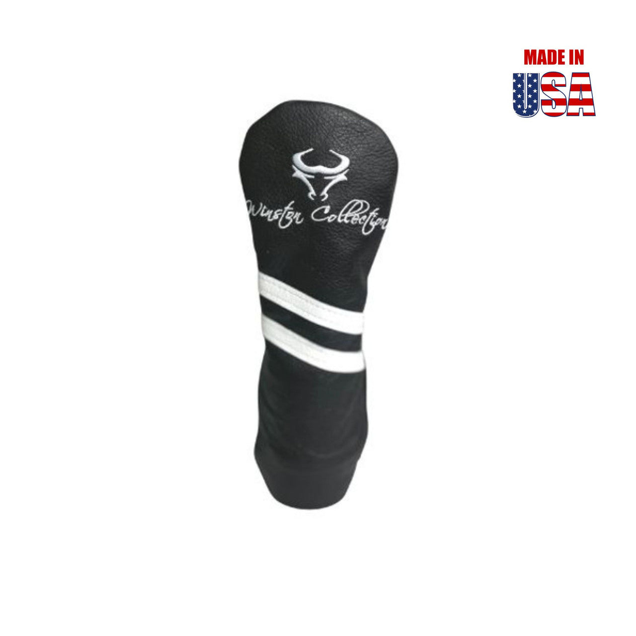 Black American Leather w/White Stripes Hybrid Headcover, Winston Logo