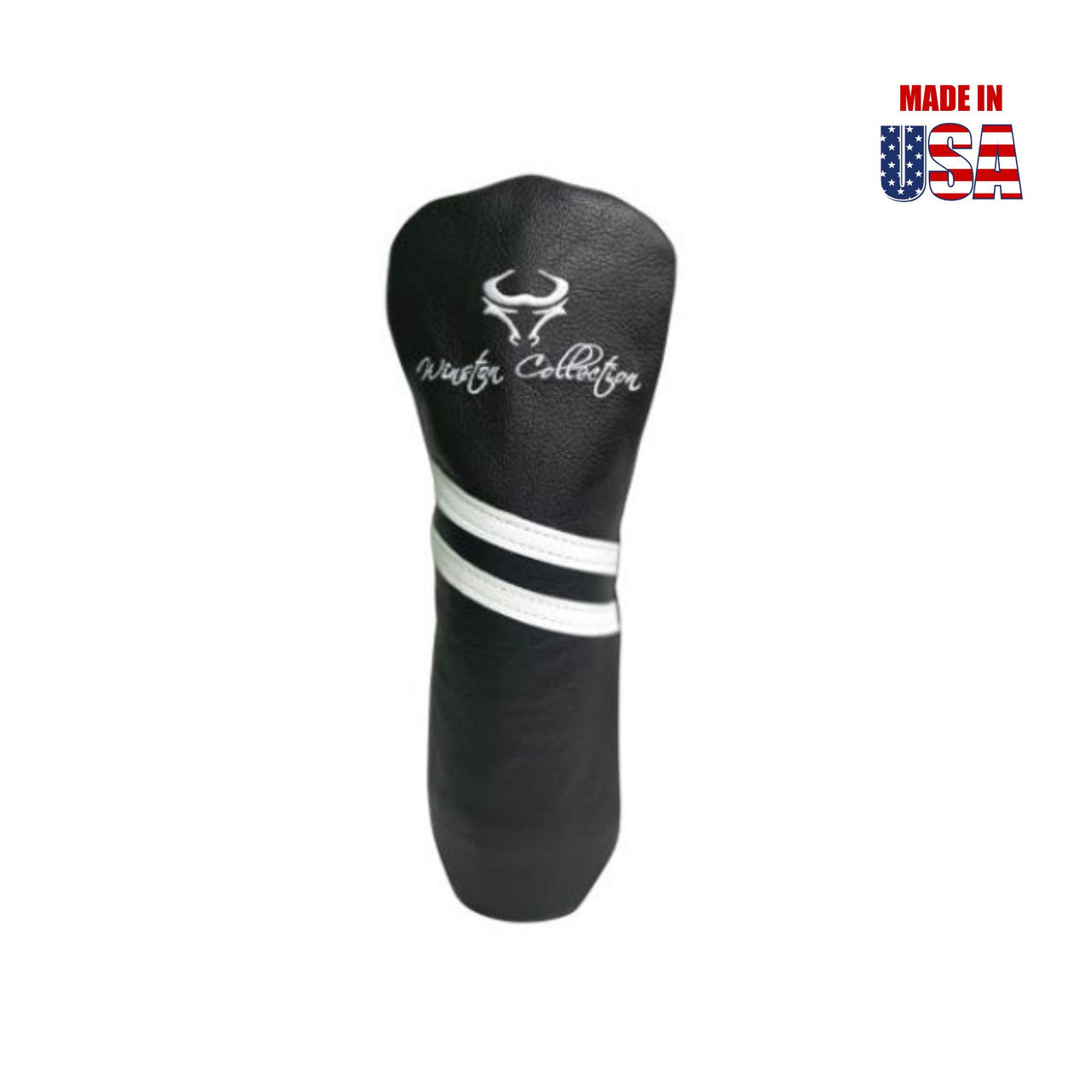 Black American Leather w/White Stripes Fairway Headcover, Winston Logo