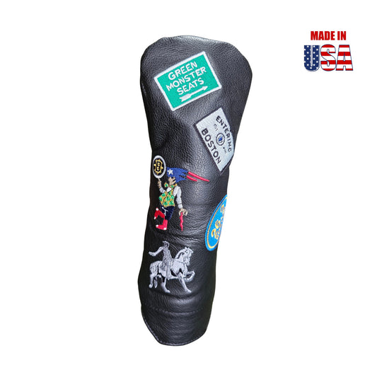 Boston Mural of Iconic Landmarks Embroidered on Fairway Black American Leather Headcovers 2 Winstoncollection.com
