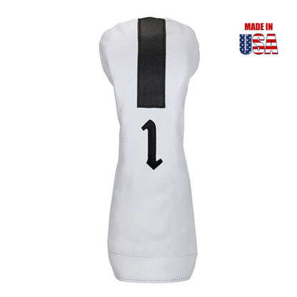 Driver in White American Leather with Black Racing Stripe and Black Embroidery