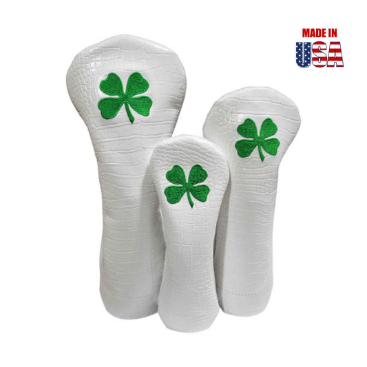 Green Shamrock on White Alligator Print Leather Headcover Set