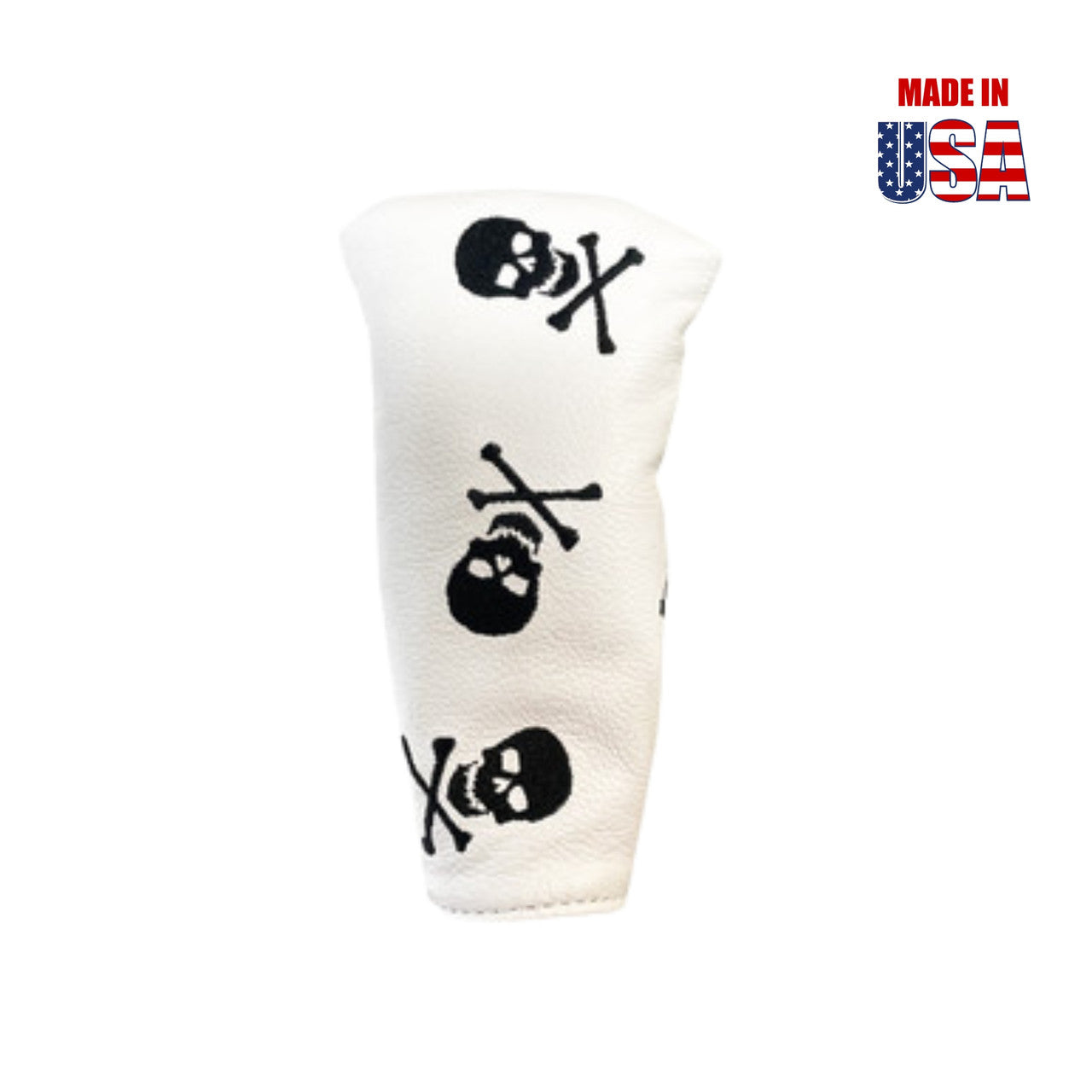Blade/Boot Style Putter Cover in White American Leather with Dancing Skull Embroidery