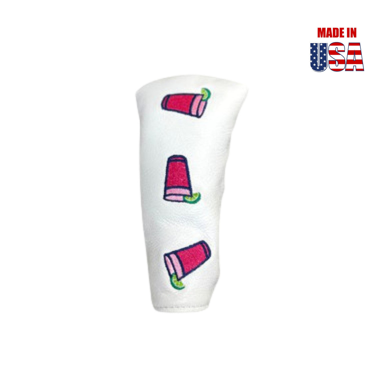 Blade/Boot Style Putter Covers in White American Leather with Country Club Cocktail Embroidery